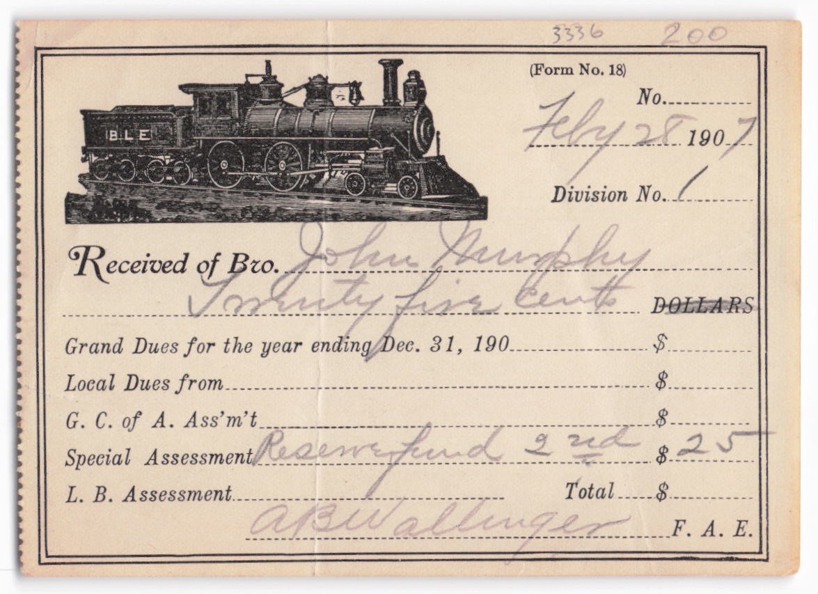 1907 Brotherhood of Locomotive Engineers (BLE) Dues Receipt – Steam Engine Art