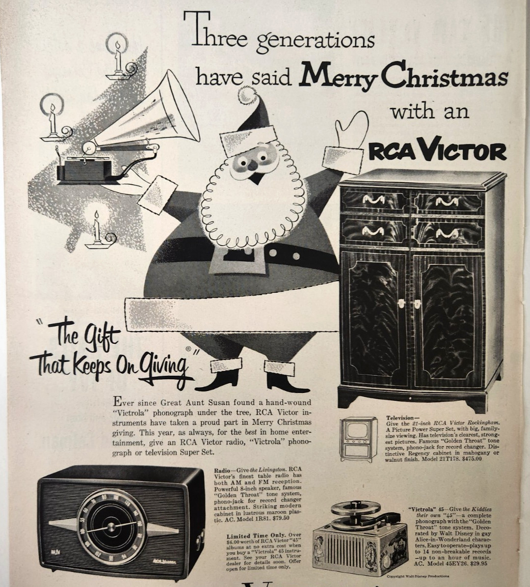 Santa Claus Christmas RCA Victor Victrola Radio Vintage 1951 Ad Magazine Print