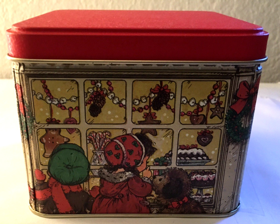 Vtg Potpourri Press Christmas Holiday Window Shopping with Kids Square Metal Tin