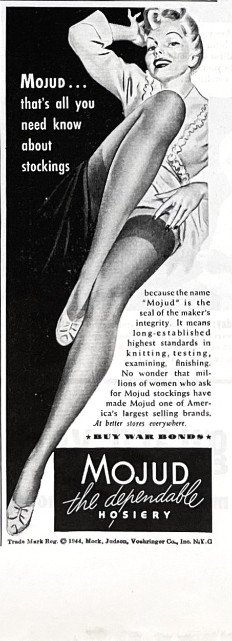 Mojud Hosiery Stockings Pinup Legs Buy War Bonds Fashion 1944 Magazine Print Ad