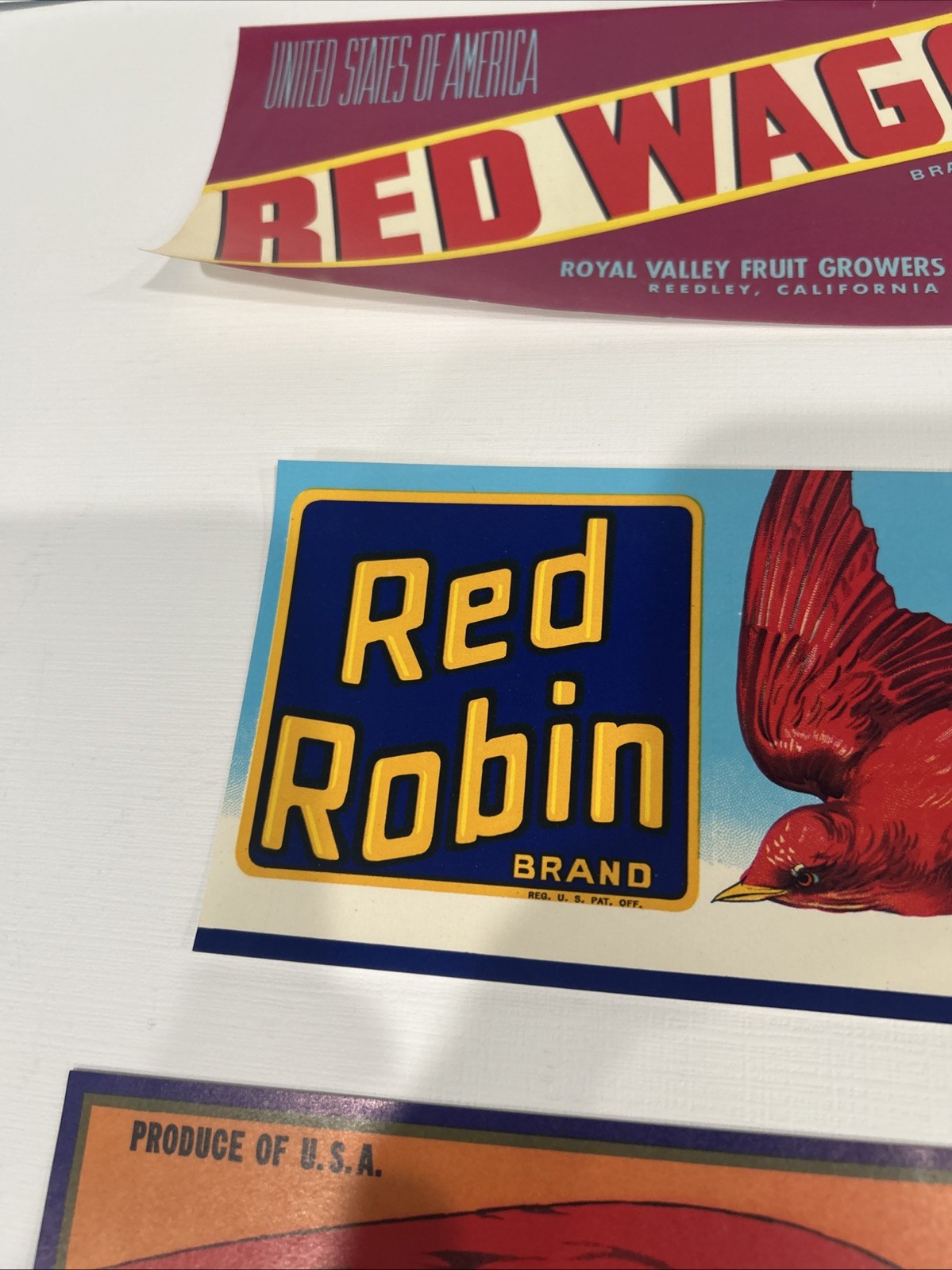 RED WING Red Robin Red Wagon Produce Crate Labels Reedley Sanger California