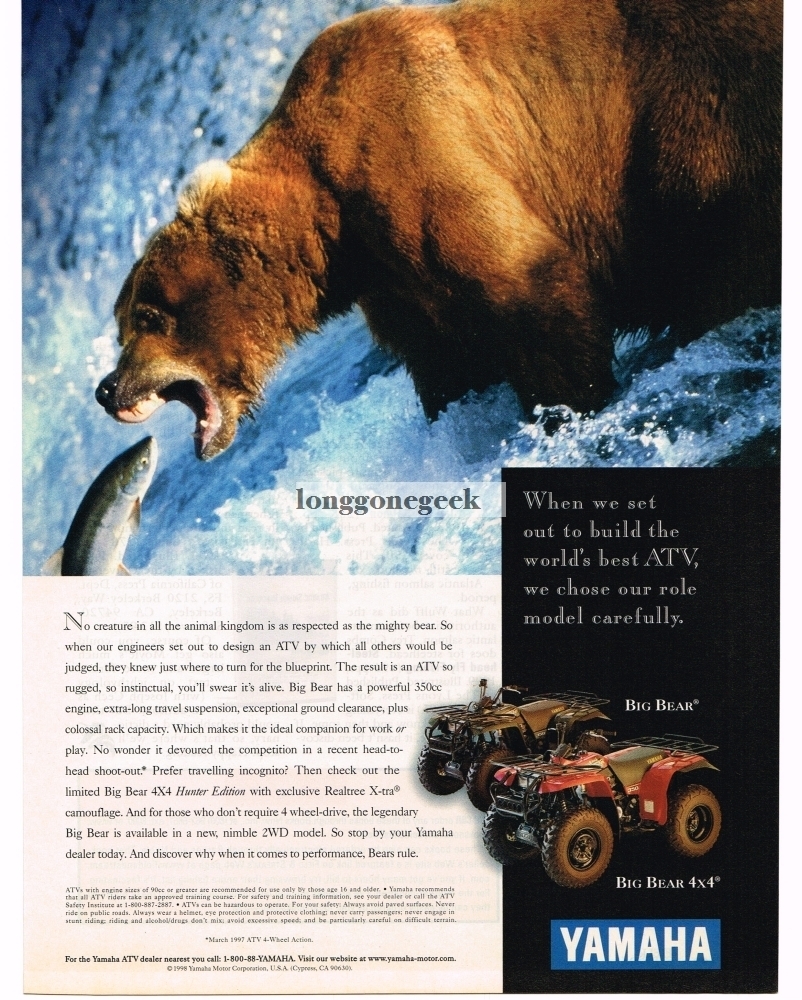 1999 YAMAHA Big Bear ATV Brown Bear Catching Fish VINTAGE Print Ad