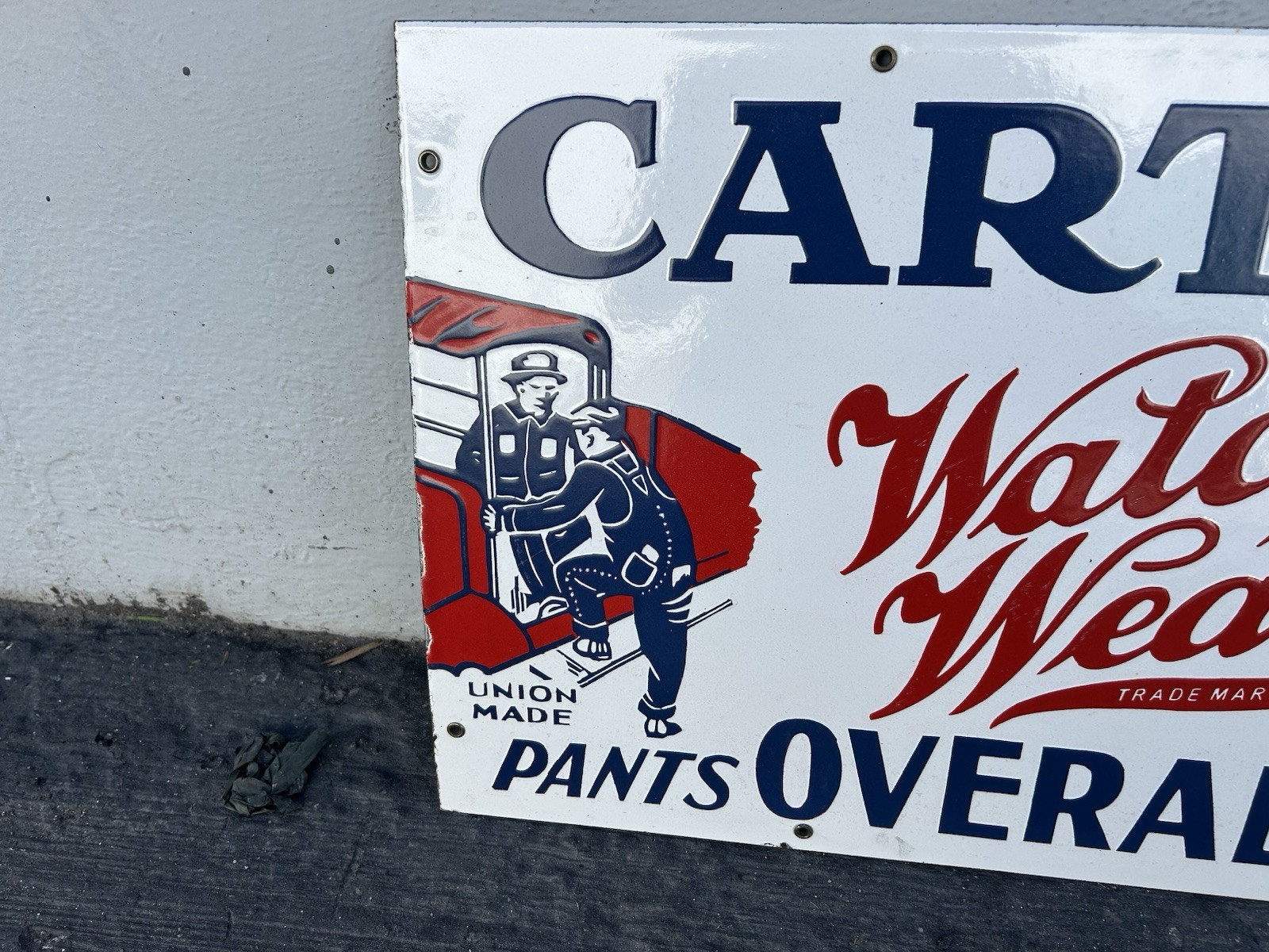 Beautiful Carter’s watch the wear overalls porcelain sign. Super clean condition