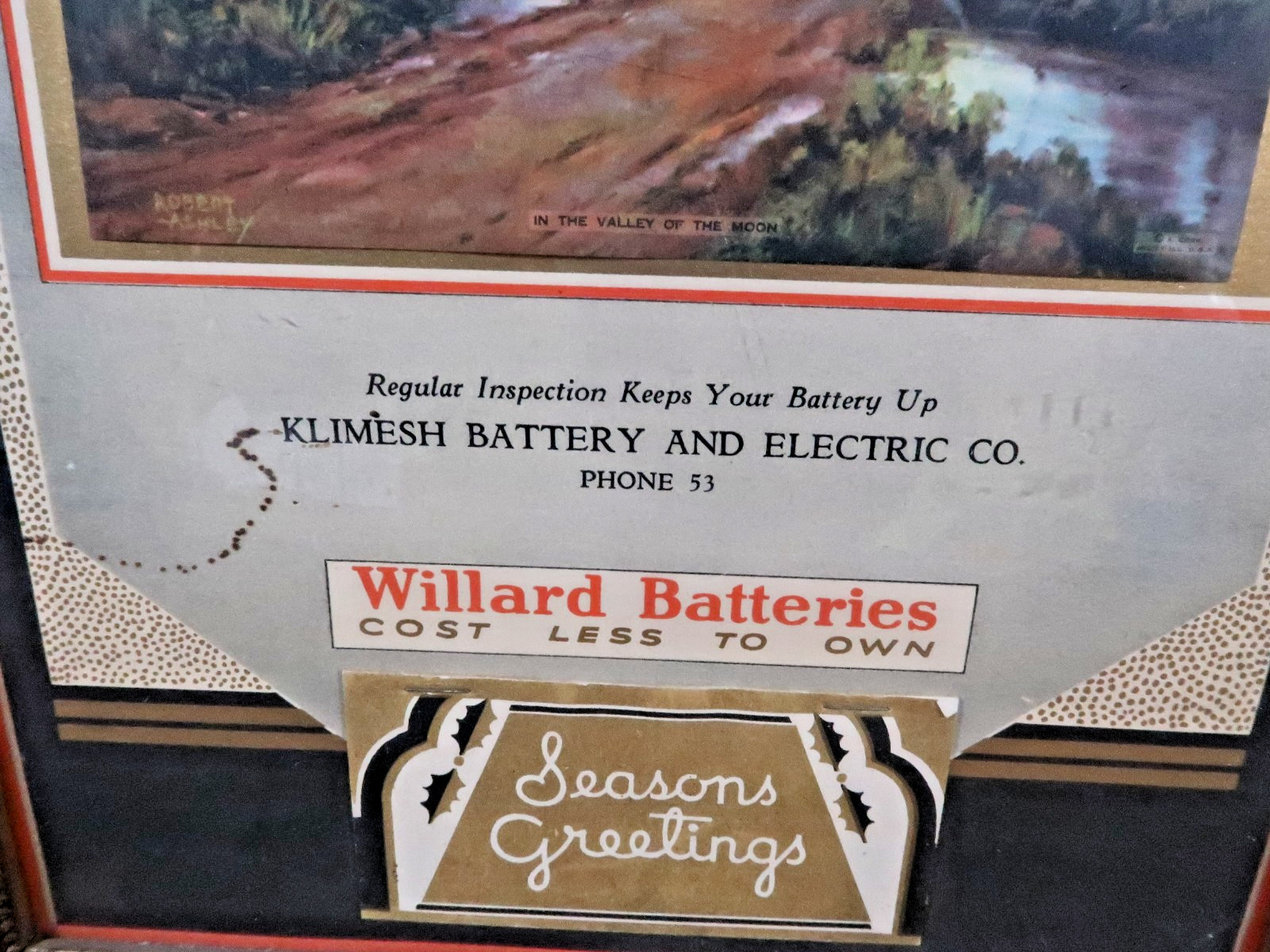 1937 Willard Battery Klimesh Battery & Electric Calendar Framed Charter Oak Iowa