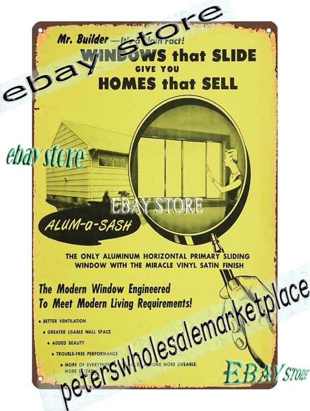 1950 Alum-A-Sash Windows Homes That Sell Builder Remodel Tin Sign bedroom room