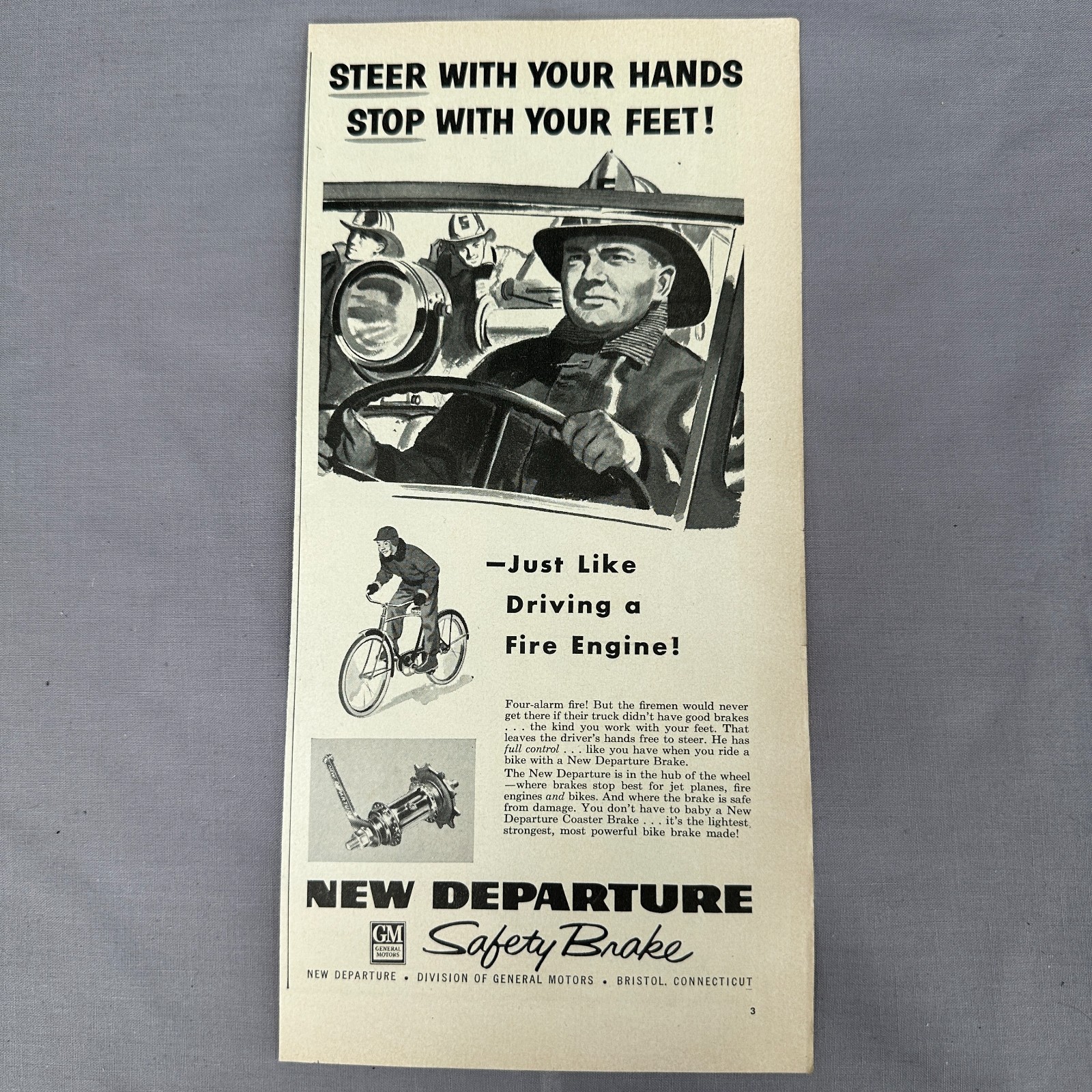 1955 New Departure Safety Brake Vintage Print Ad Firefighter Art GM Bicycle