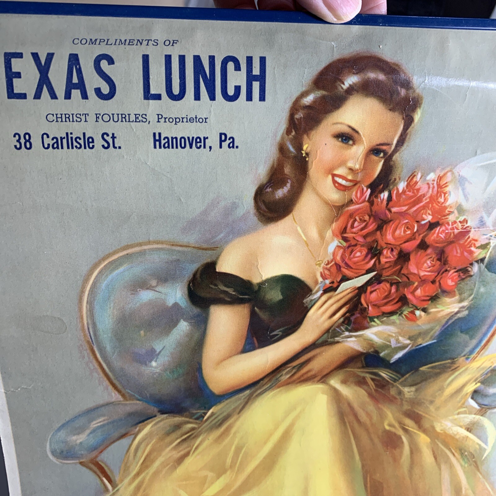 1940’s Erbit Pin Up Art Calendar Sign Girl Fourles Lunch Hanover Pennsylvania