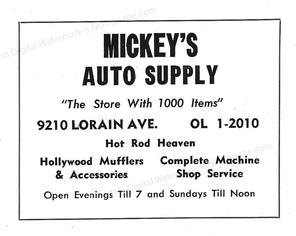 1960 Ad * Mickey’s Auto Supply Cleveland Ohio Hot Rod Heaven Hollywood Mufflers