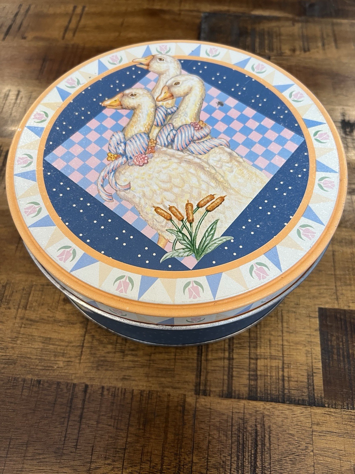 Vintage Geese Goose Tulip Cat Tail Cookie Treat Tin Candy Box 7″ Grandma Core