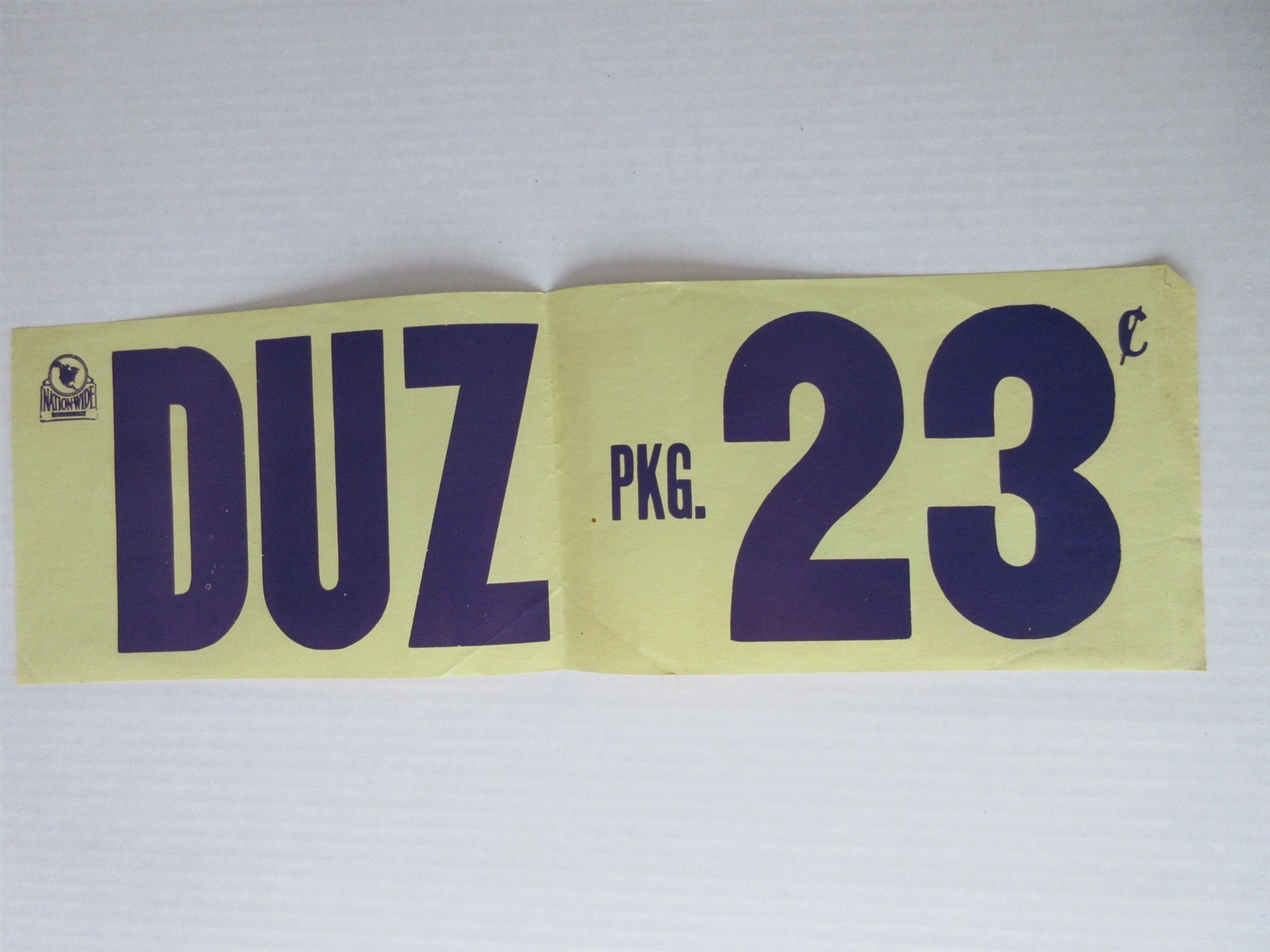 Nation-Wide Service Grocers DUZ DETERGENT 23 cents paper sign 22″ x 7″