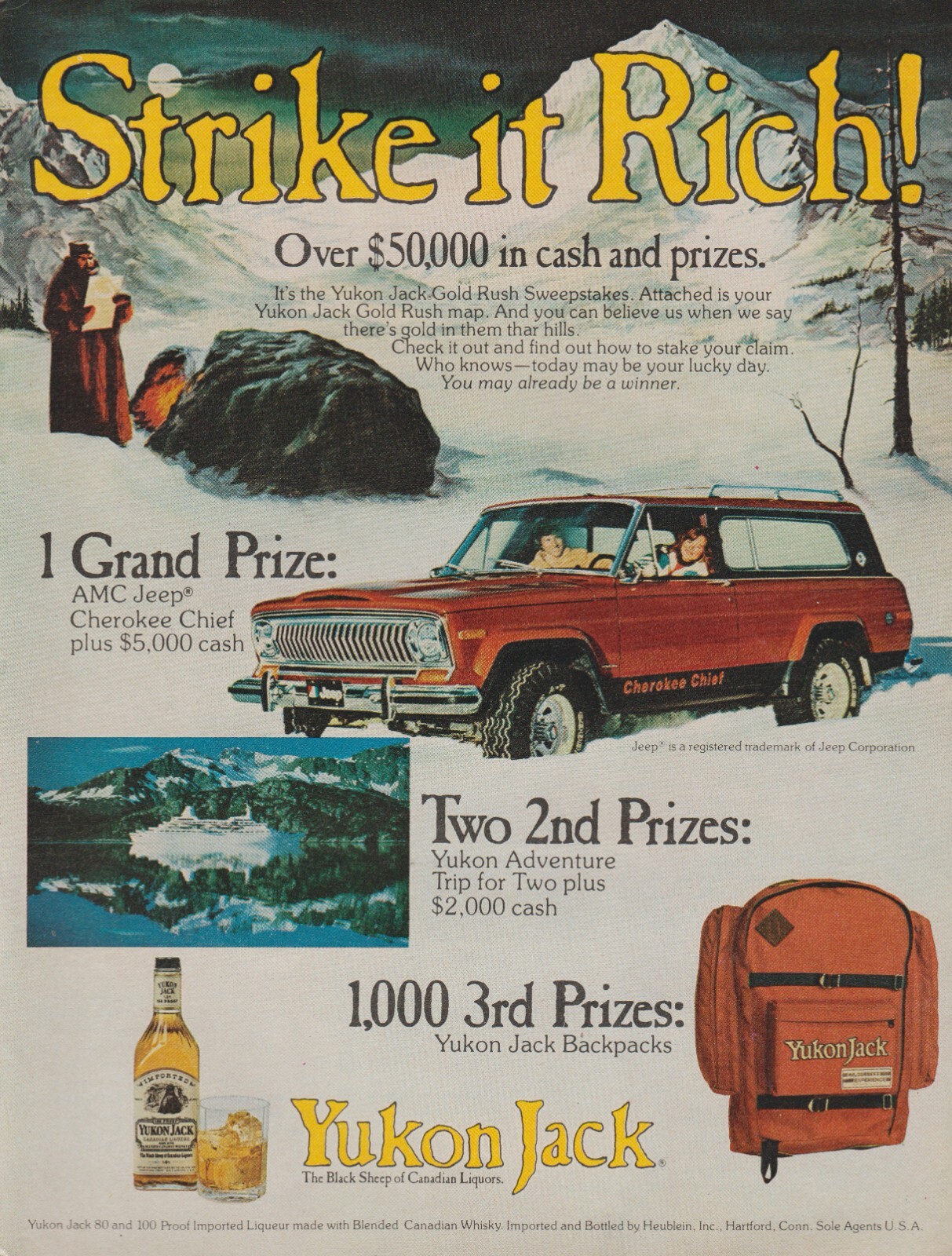 1977 Yukon Jack Liqueur – Jeep Cherokee Chief – Sweepstakes Promo Print Ad Photo