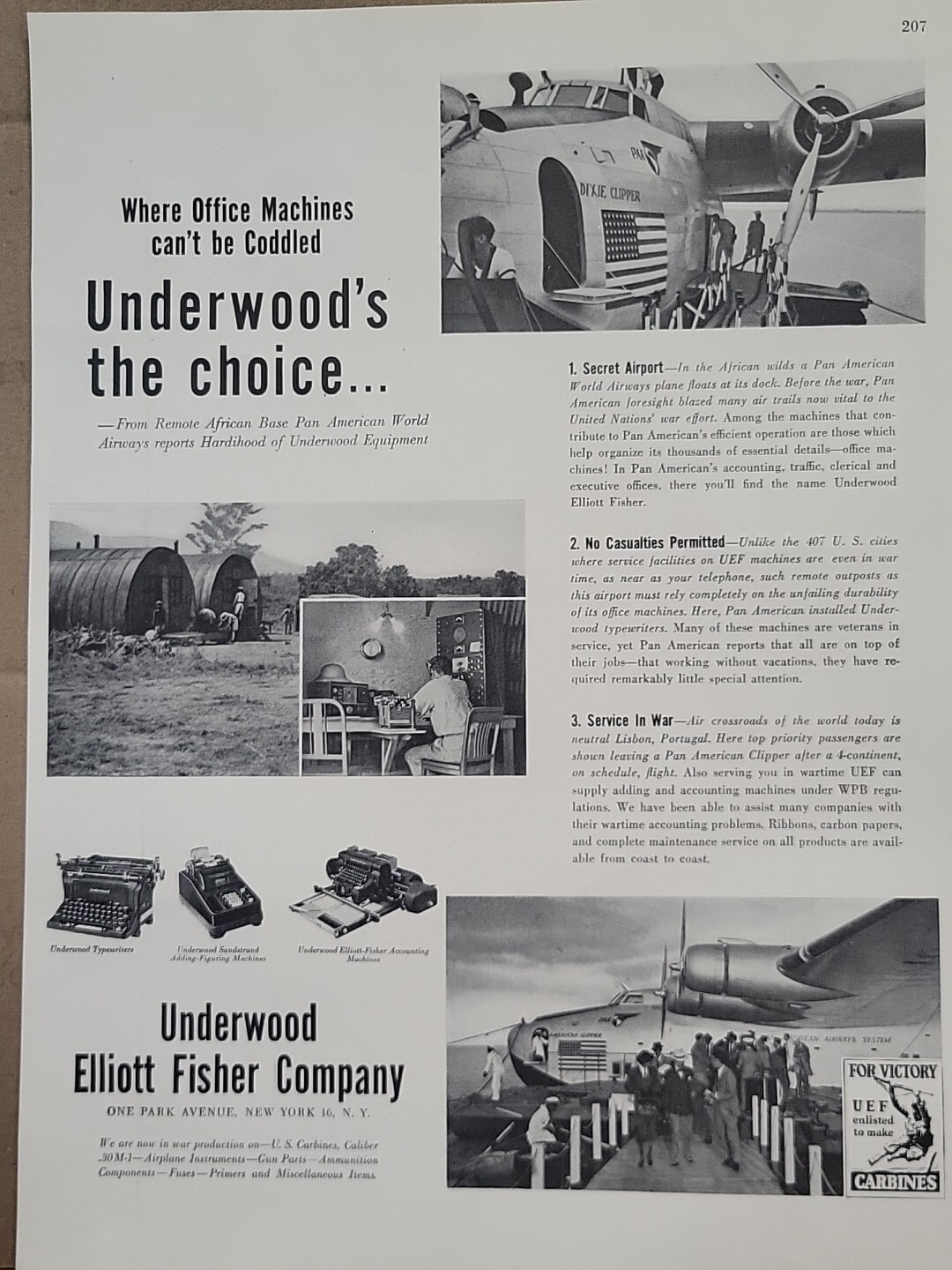 1943 Underwood Elliott Fisher Typewriters Fortune WW2 Print Ad Q3 ARMY Warplanes