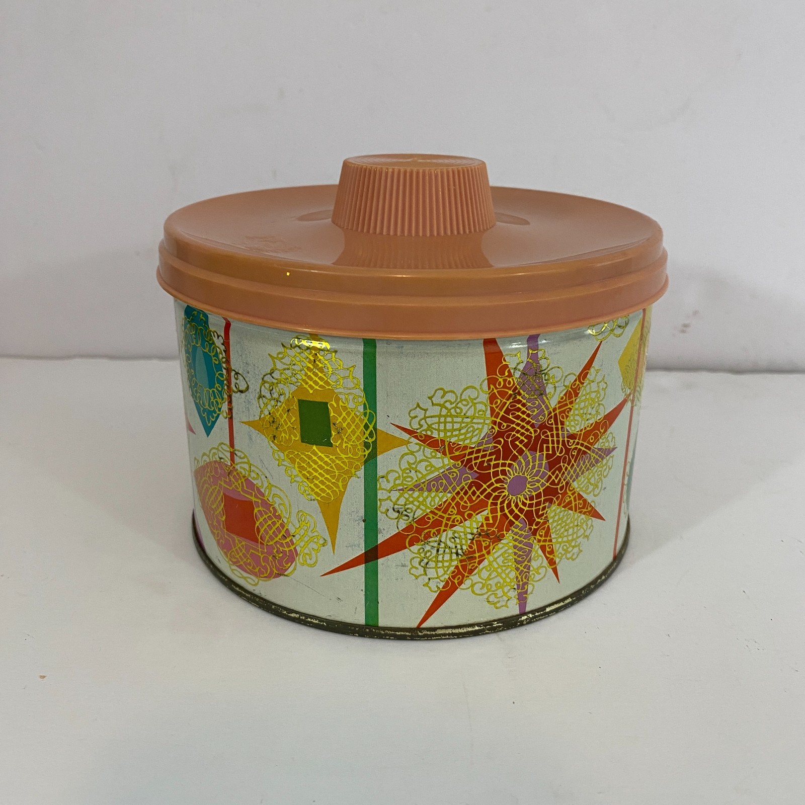 Vintage MCM Mrs Lelands Old Fashioned Golden Butter Bits Tin Atomic Print