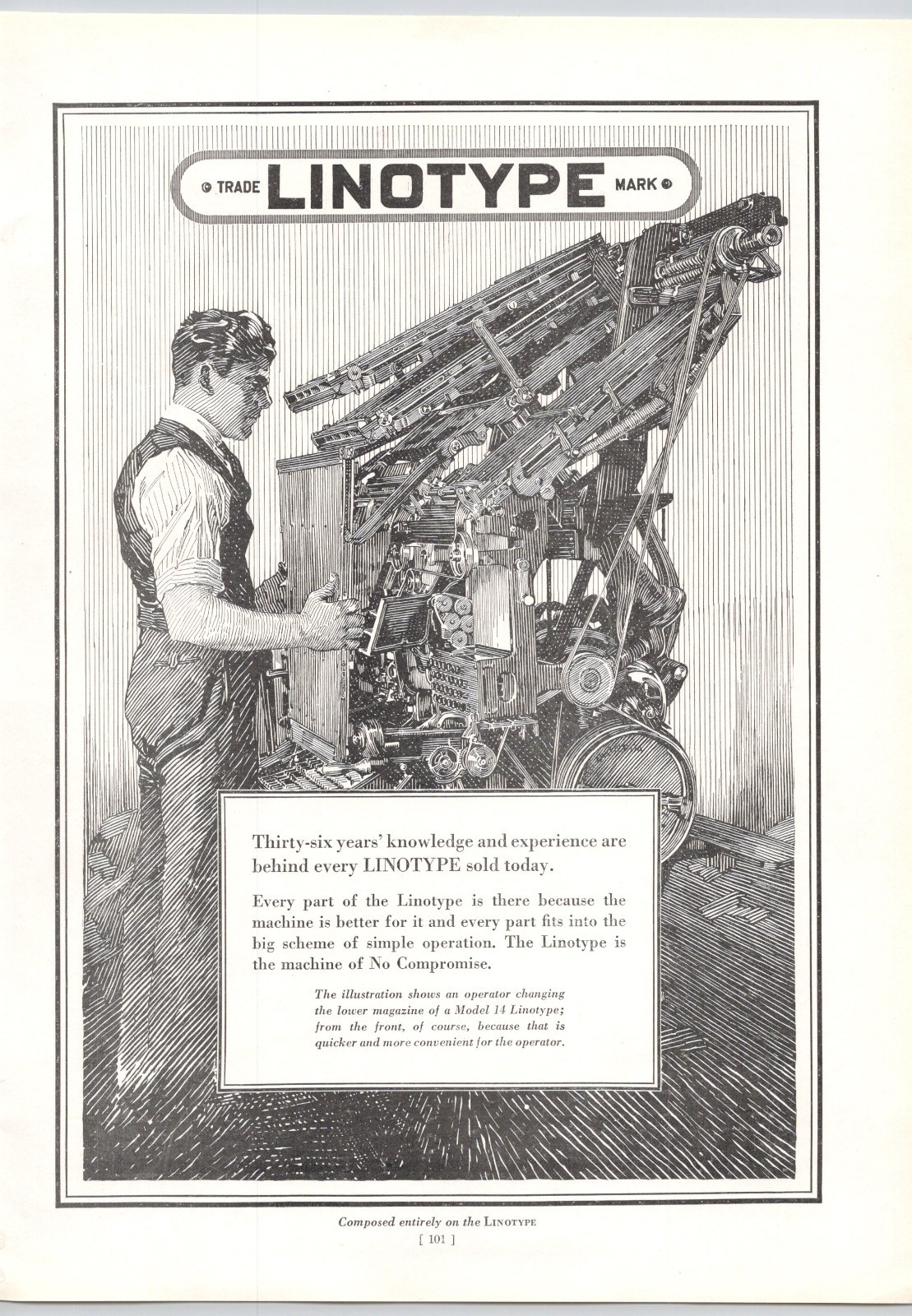 Model 14 Linotype in Operation Linotype Co 1922 Print Ad 8.5×12″
