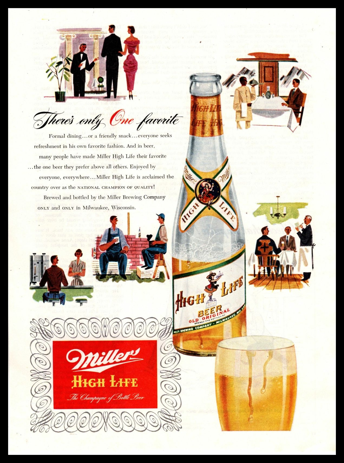 1950 Miller High Life Beer Old Original Bottle “Only One Favorite” Print Ad