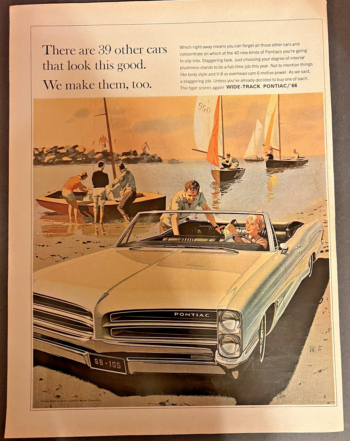 Pontiac Convertible Wide Track 66 V-8 1965 Vintage Ad, Beach with Sailboats