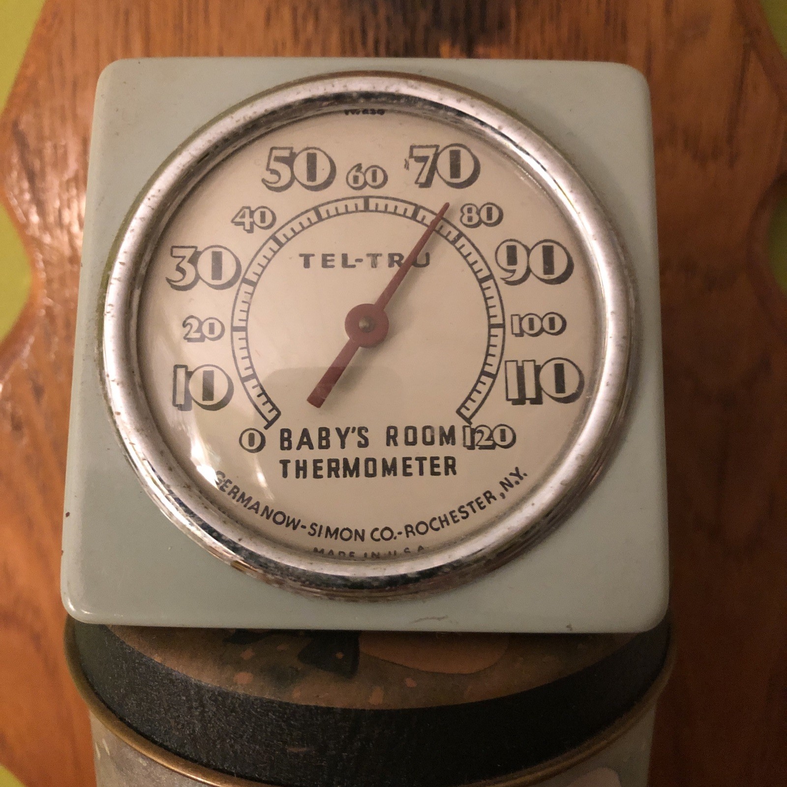 Vintage Germanow Simon Tin Litho Non Porcelain Blue Baby Thermometer Sign TelTru