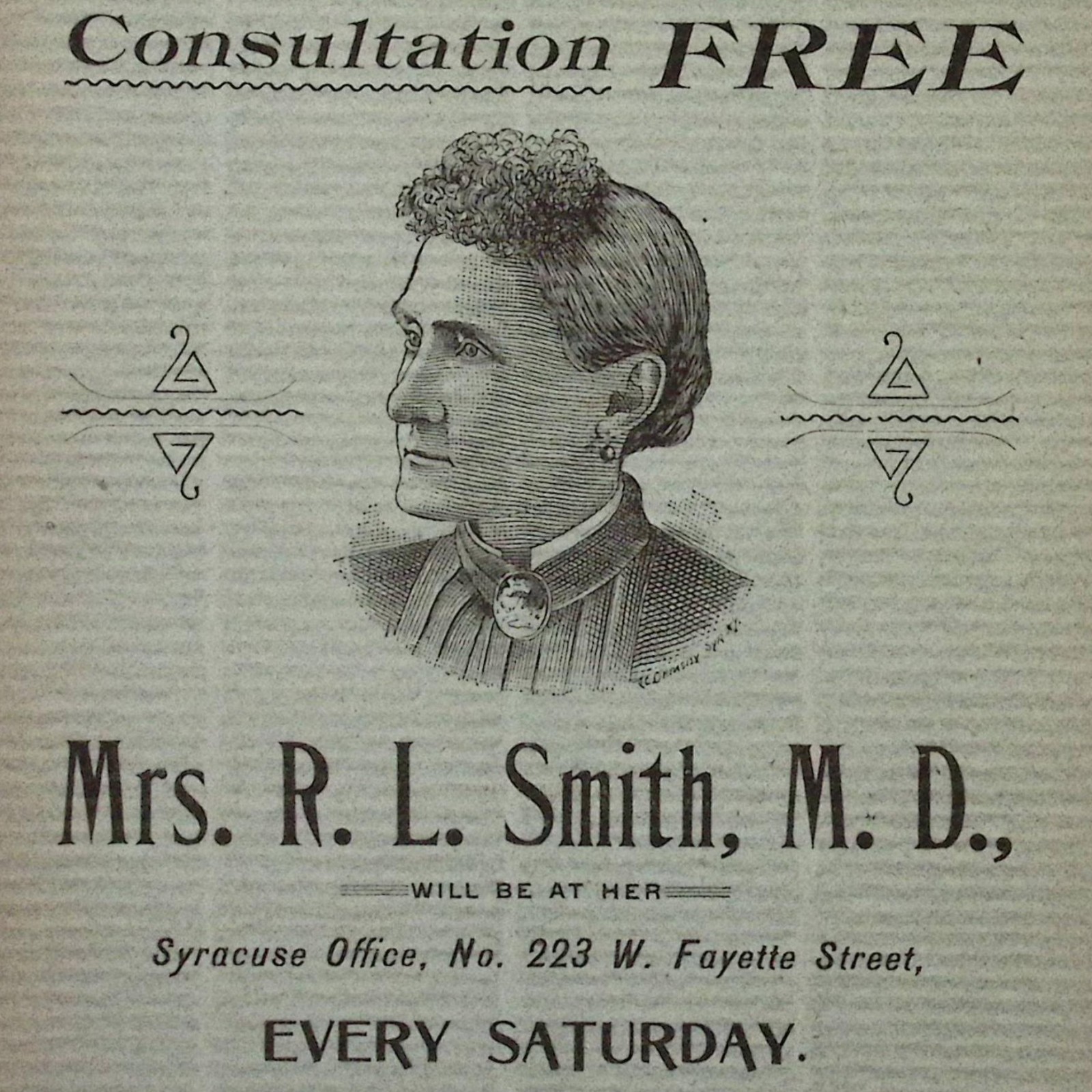 1895 Mrs R.L. Smith MD Consumption Bronchitis Dyspepsia Syracuse NY Print Ad