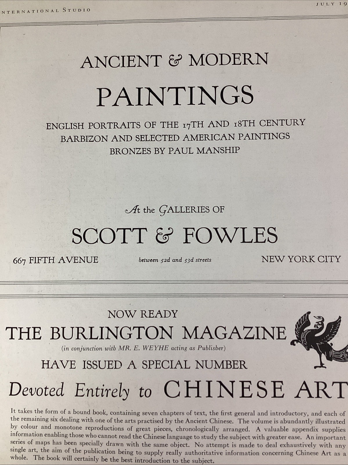 Art Galleries Print Ad 1925 Original Rare Antique NYC Scott Fowles Burlington Ju