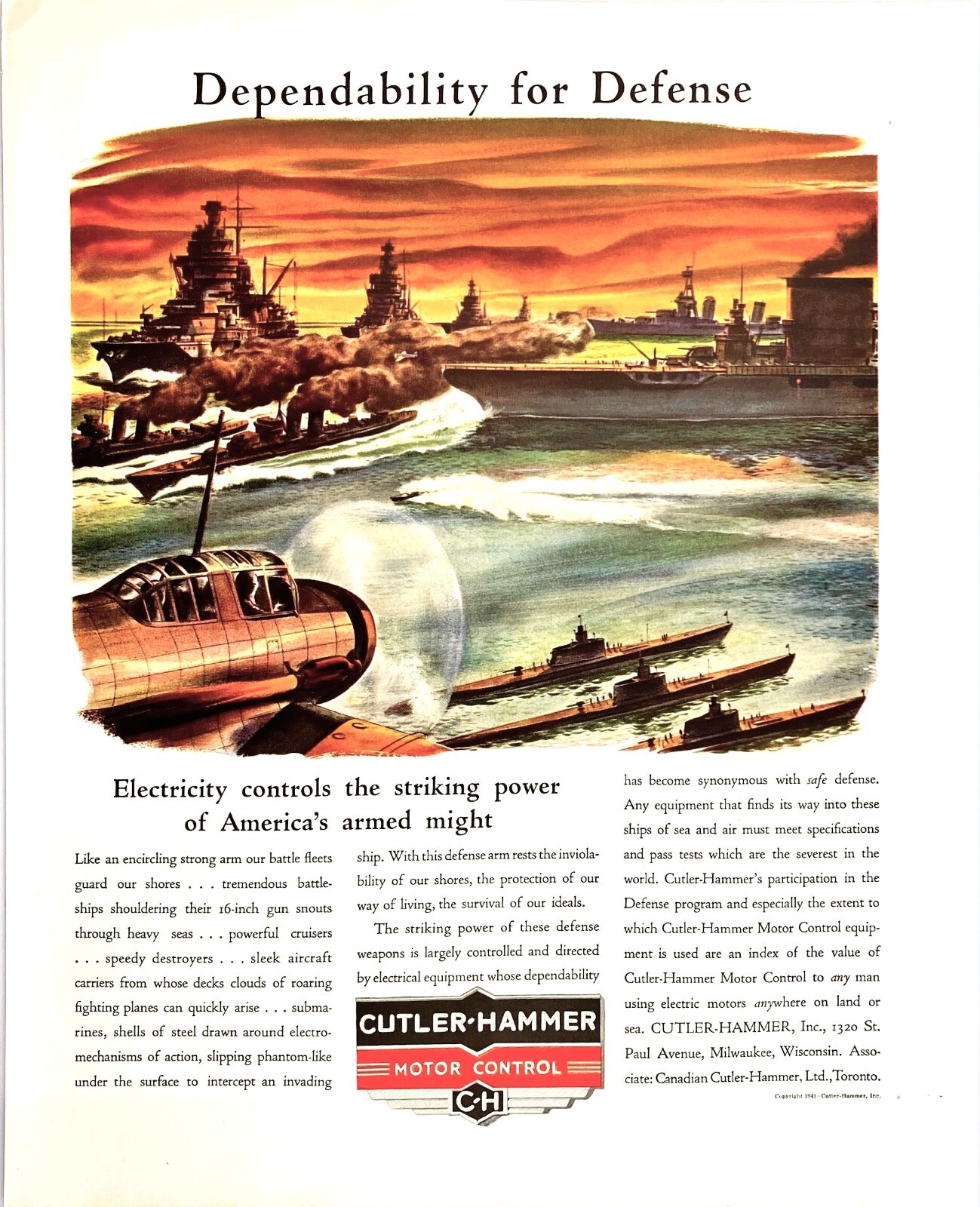 Cutler-Hammer Motor Control Aircraft Battleship Submarine Vtg Magazine Print Ad