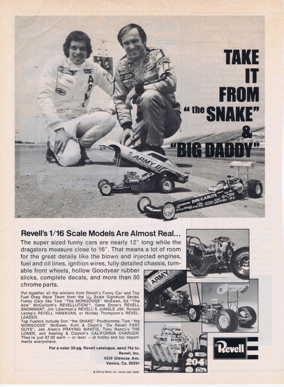 1965 & 1974 Orig. Ads – REVELL KITS – “SNAKE” & “BIG DADDY” & MODEL CARS – 2 ADS