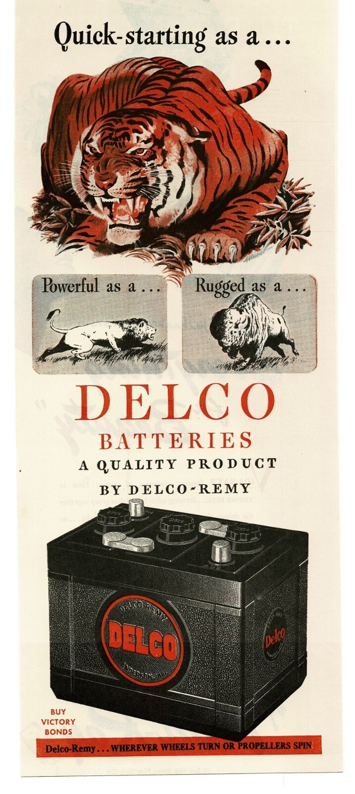 1945 Delco Car Battery quick starting as a tiger WWII Buy War Bonds Print Ad
