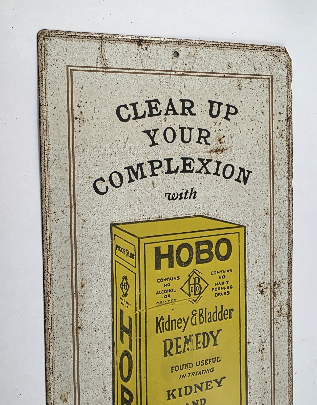 Hobo Kidney and Bladder Remedy Tin Sign 19″x7″ Sanford J. Heilner 1974 USA