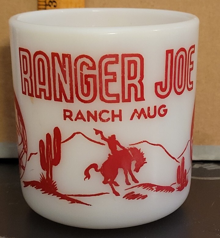 Vintage RANGER JOE RANCH MUG MILK GLASS WITH RED GRAPHICS