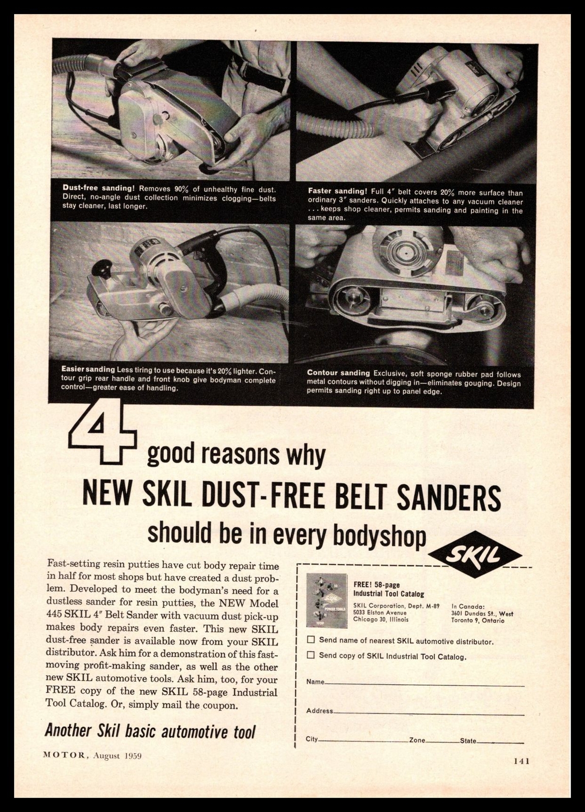 1959 SKIL Model 445 4″ Belt Sander With Vacuum Dust Pick-Up Vintage Print Ad
