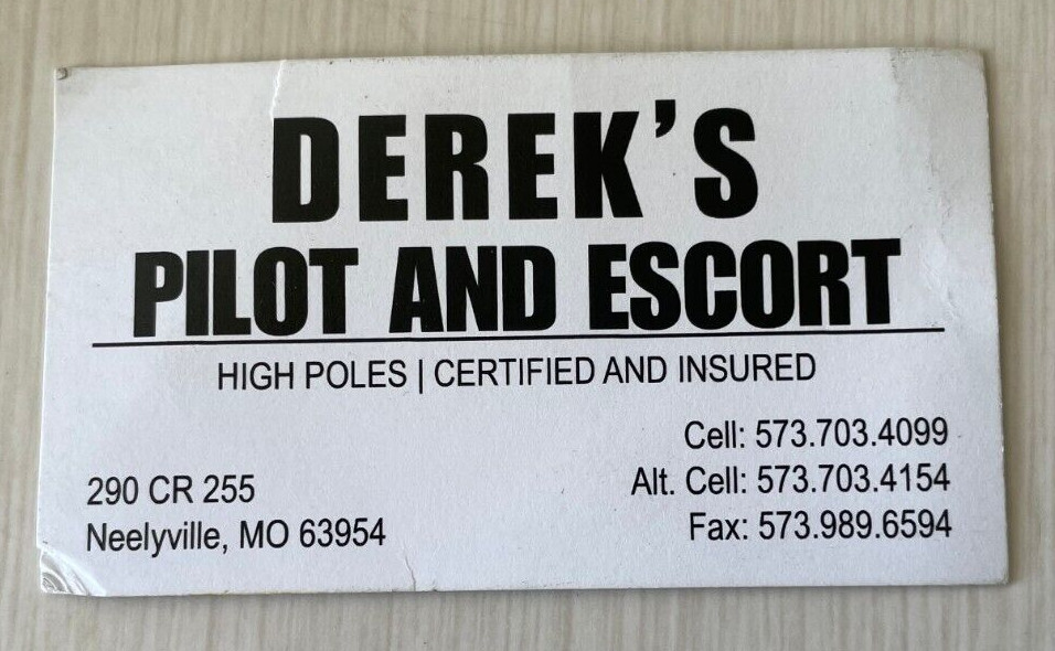 Derek’s Pilot & Escort Business Card 290 CR 255 Neelyville MO Flying