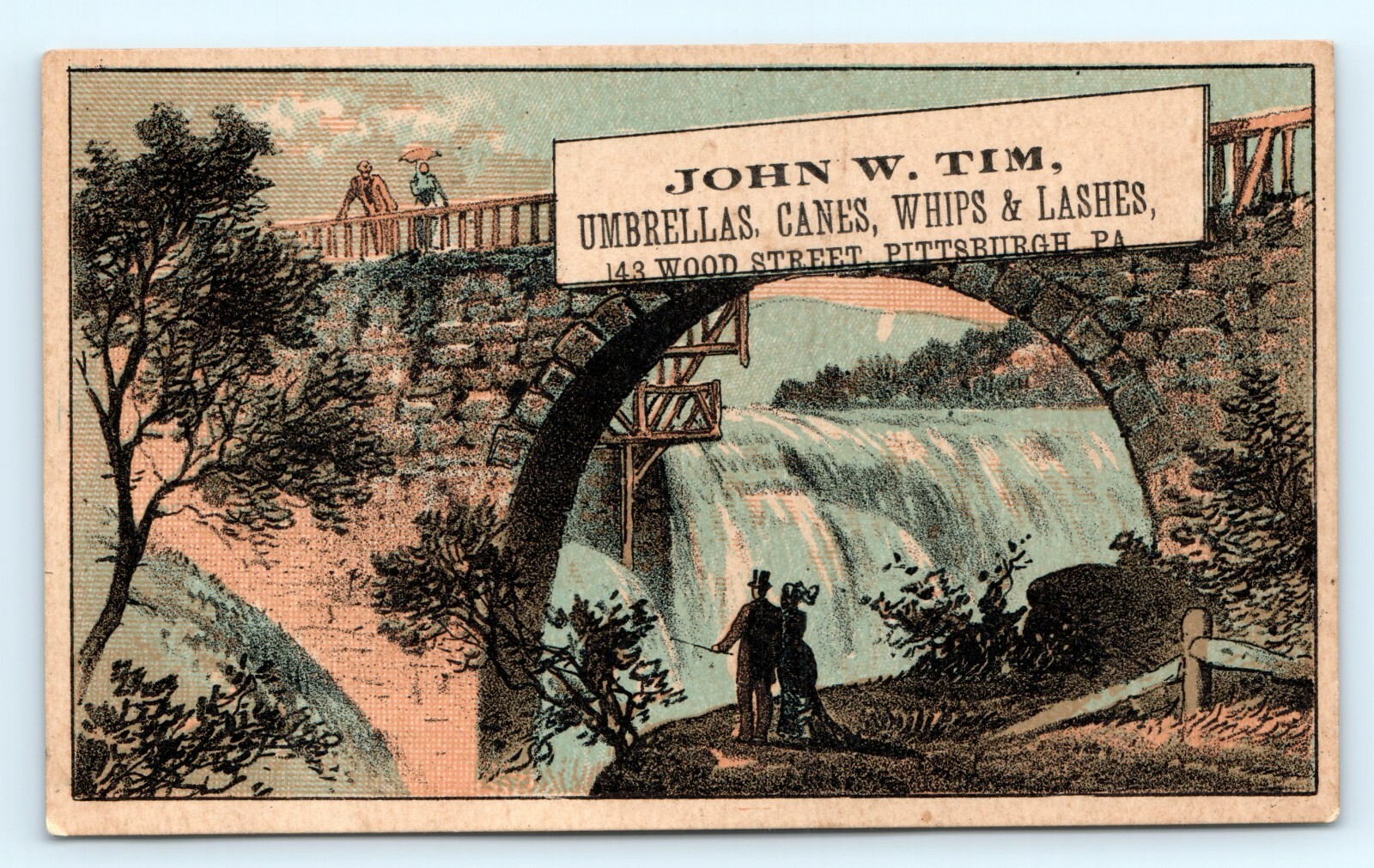 c1880s John W. Tim Pittsburgh PA Victorian Trade Card Umbrellas Canes Whips Vtg