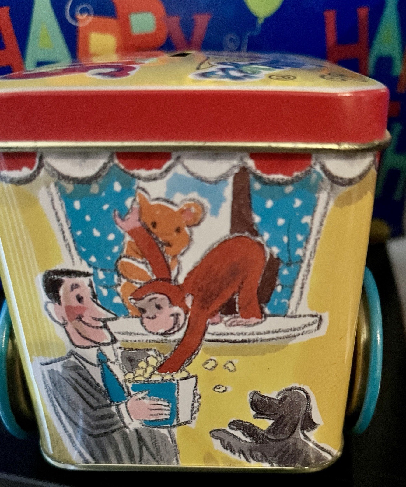 CURIOUS GEORGE TIN CIRCUS WAGON COIN BANK WITH WHEELS Adult Collectible Empty