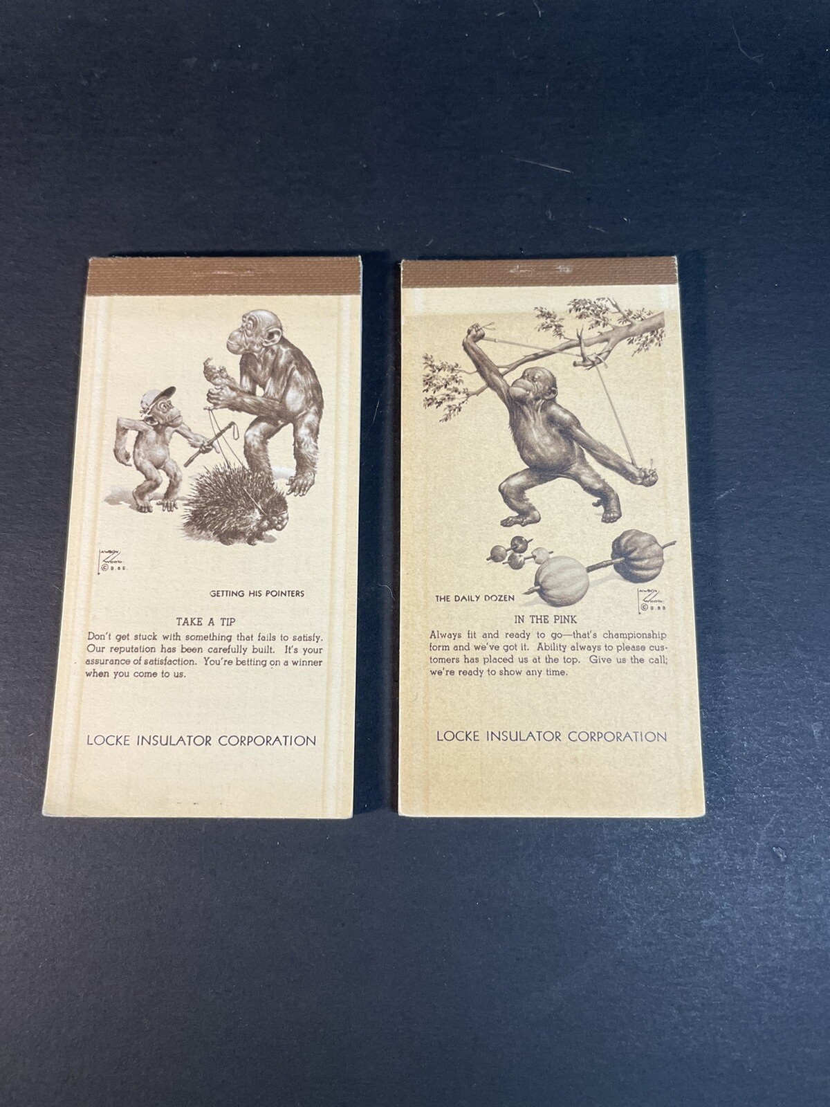 2 1938 Advertising Calendars Notepads With Lawson Wood Monkey Illustrations