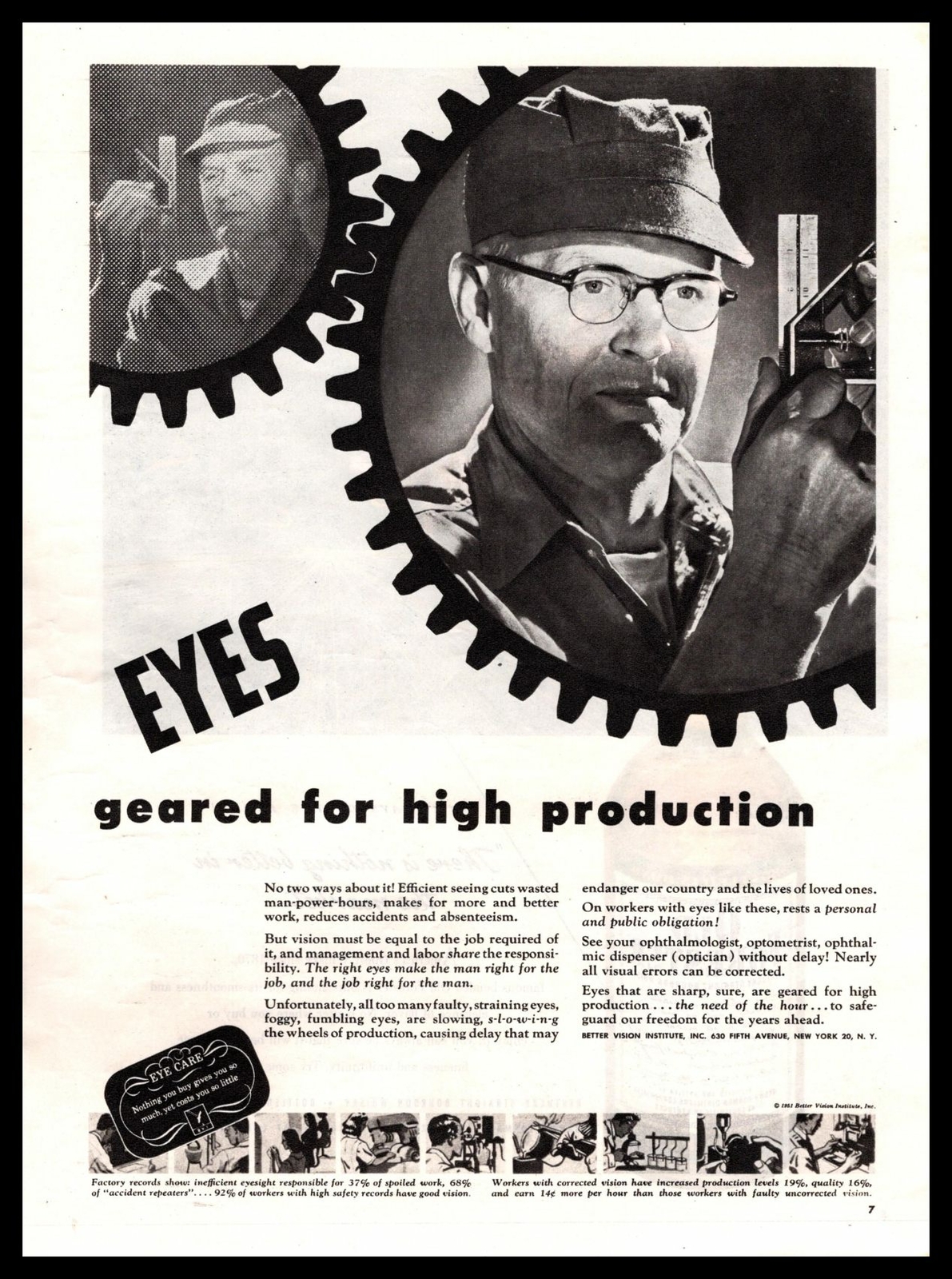 1951 Better Vision Institute “Eyes. Geared For High Production” Vintage Print Ad