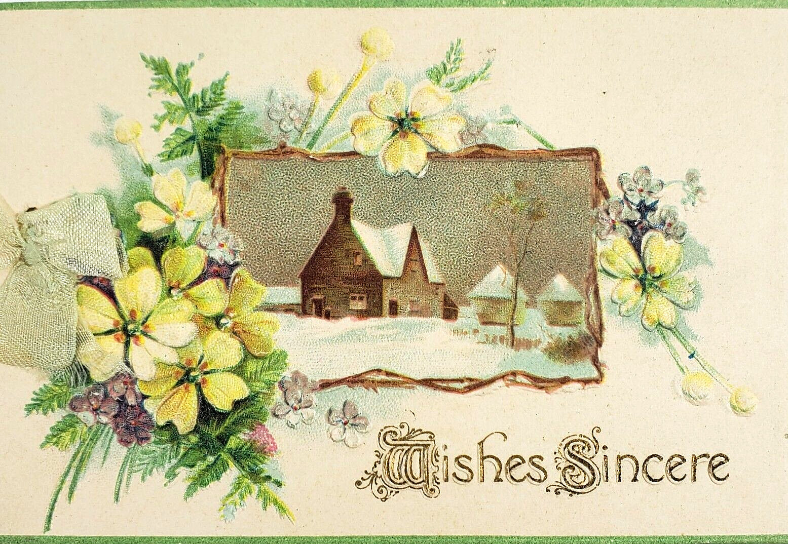 Victorian Embossed New Year’s Greeting Card Floral Winter Scene