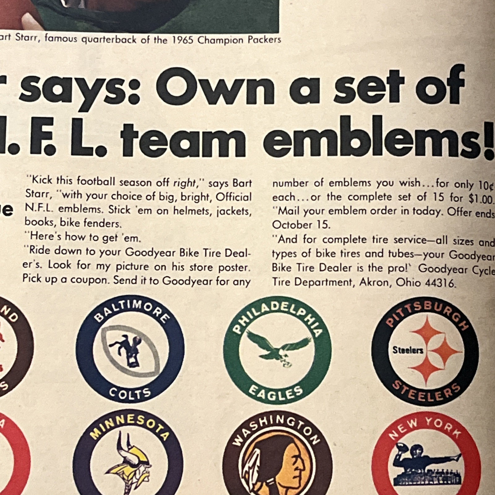 1966 GOODYEAR • BART START “NFL Emblems” Print Ad Advertisement • EX • Original