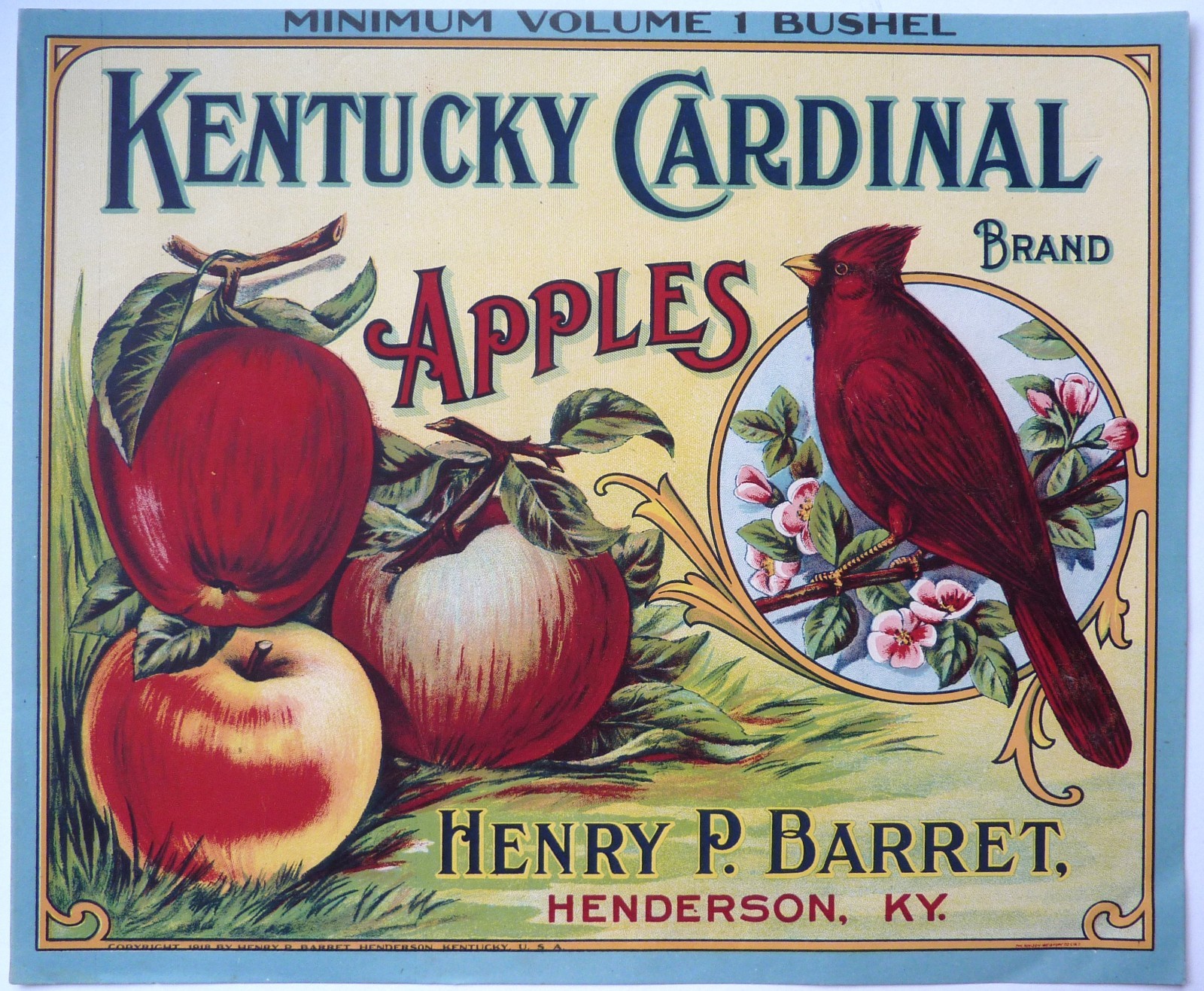 Vintage 1918 Kentucky Cardinal Brand Apple Crate Label Henry P Barret Original