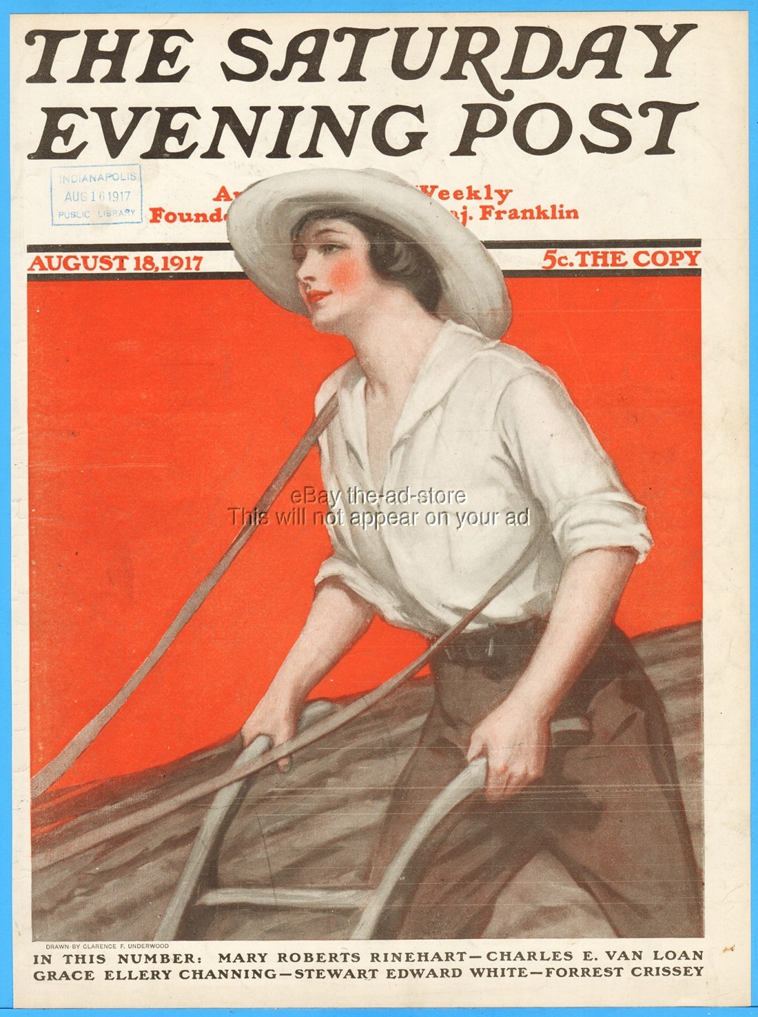 1917 Saturday Evening Post Woman at the Plow Clarence Underwood Front Cover ONLY
