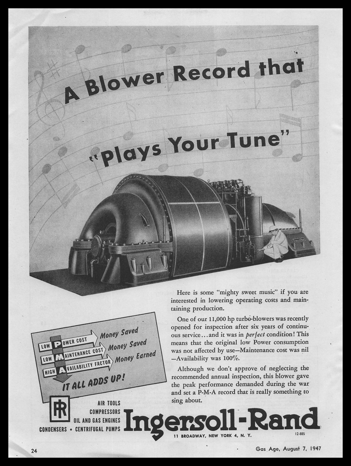 1947 Ingersoll Rand New York Turbo Blowers “Plays Your Tune” Vintage Print Ad