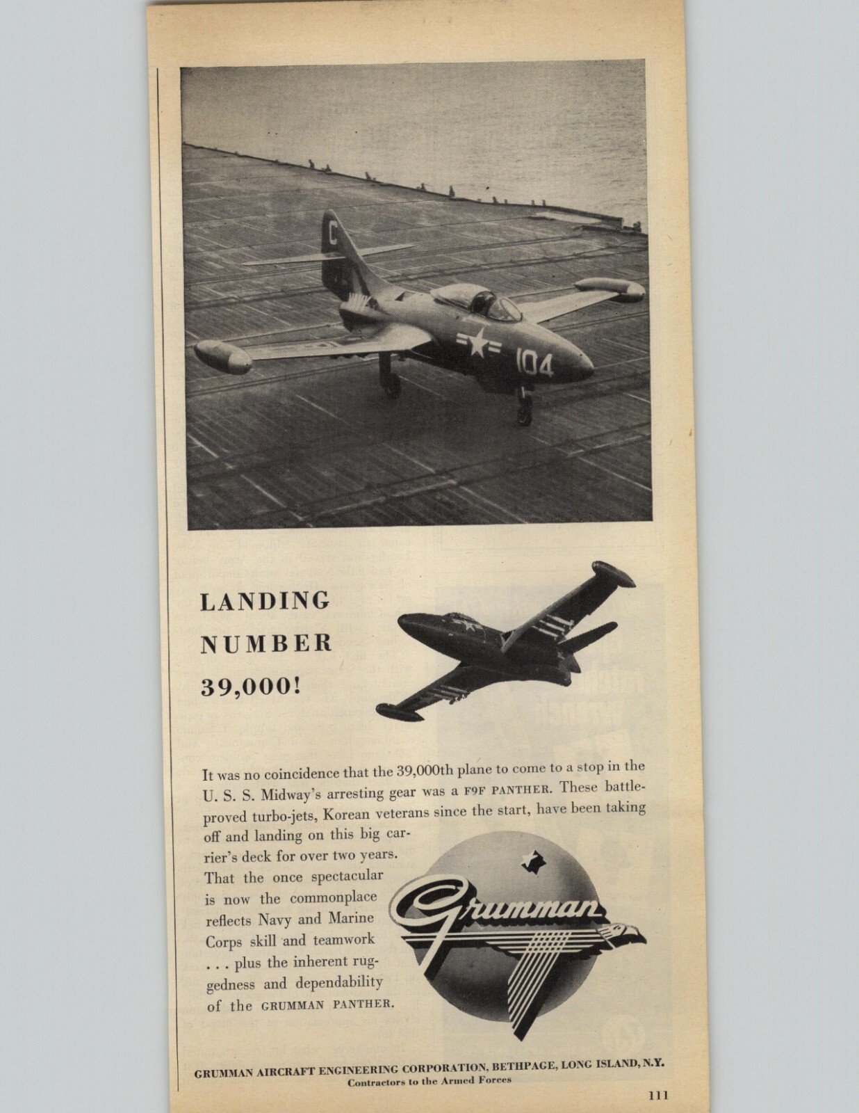 1952 Grumman Aircraft Engineering Corp Vintage Print Ad F9F Panther USS Midway