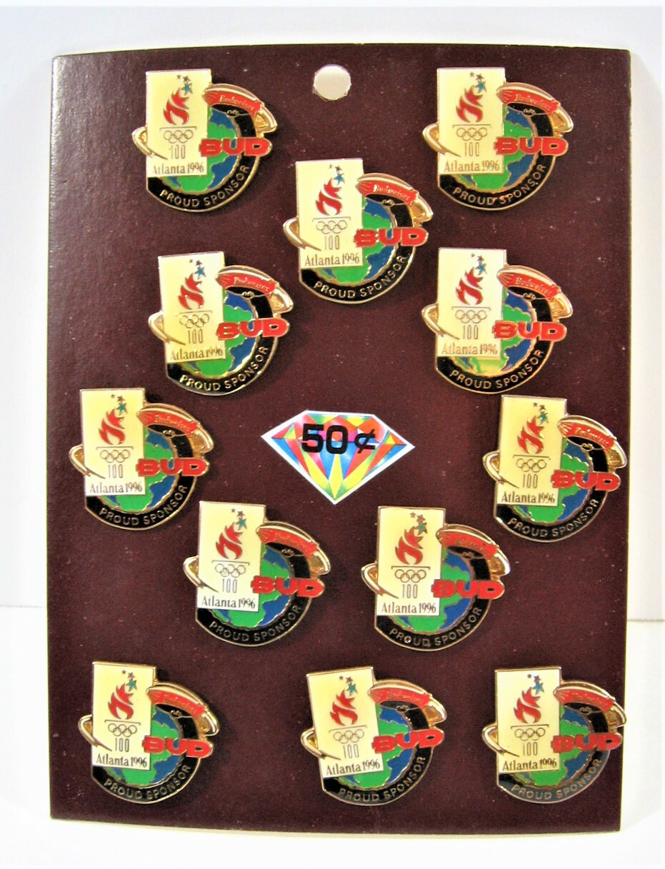 Vintage 1996 Bud Beer Olympic Sponsor Pin Display 12 On Card Old Stock