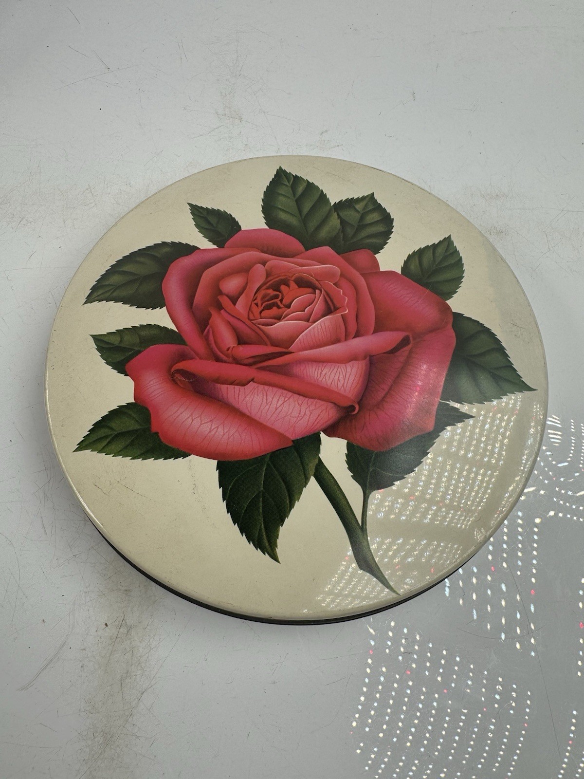 Vintage Candy Tin Mrs. Steven’s Chicago Big Pink Rose 8.5″ Diameter USA