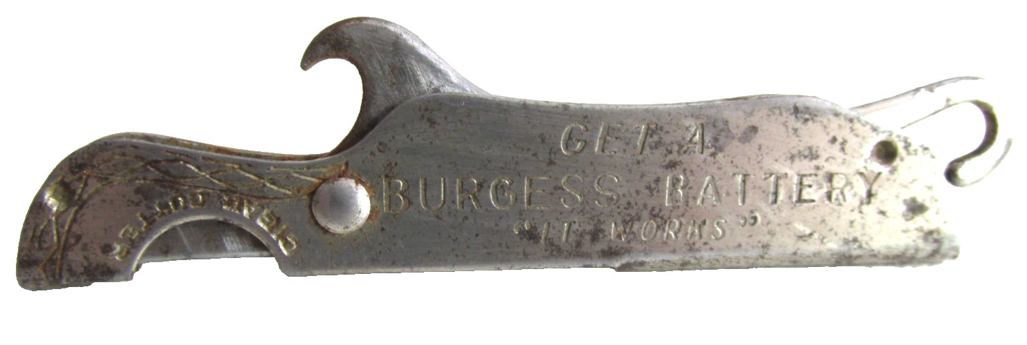 Vintage BURGESS BATTERIES Advertising Button Hook, Cigar Cutter, Bottle Opener