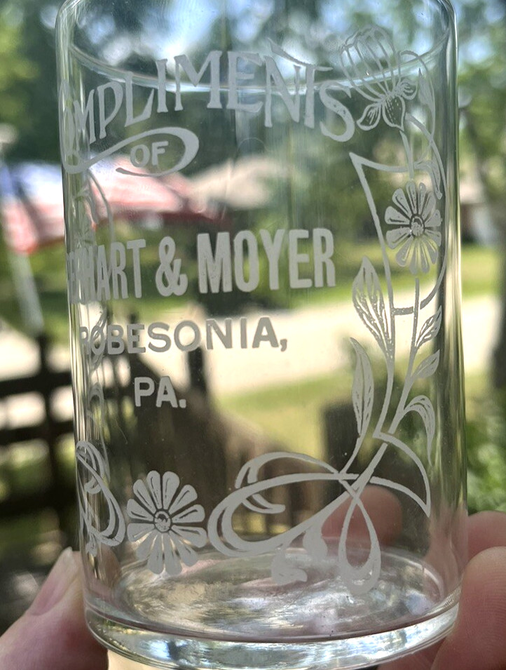 NICE ACID ETCHED TUMBLER GLASS GERHART & MOYER ROBESONIA, PA 1910 ERA CLEAN L@@K
