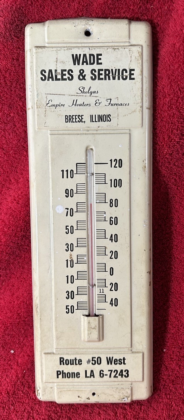 Vintage Wade Furnace Service Thermometer Breese Illinois advertising metal sign