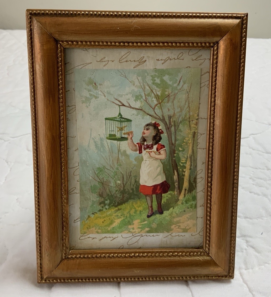 Vintage Antique Victorian Trade Card Ephemera Framed, Girl With Birdcage, Tree