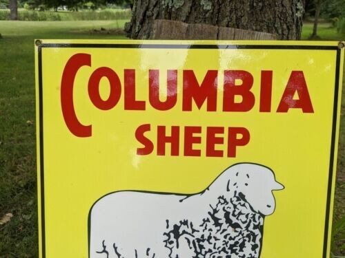 LARGE COLUMBIA SHEEP BREED HARRY CLAUSS HEAVY METAL PORCELAIN SIGN 24″ X 18″