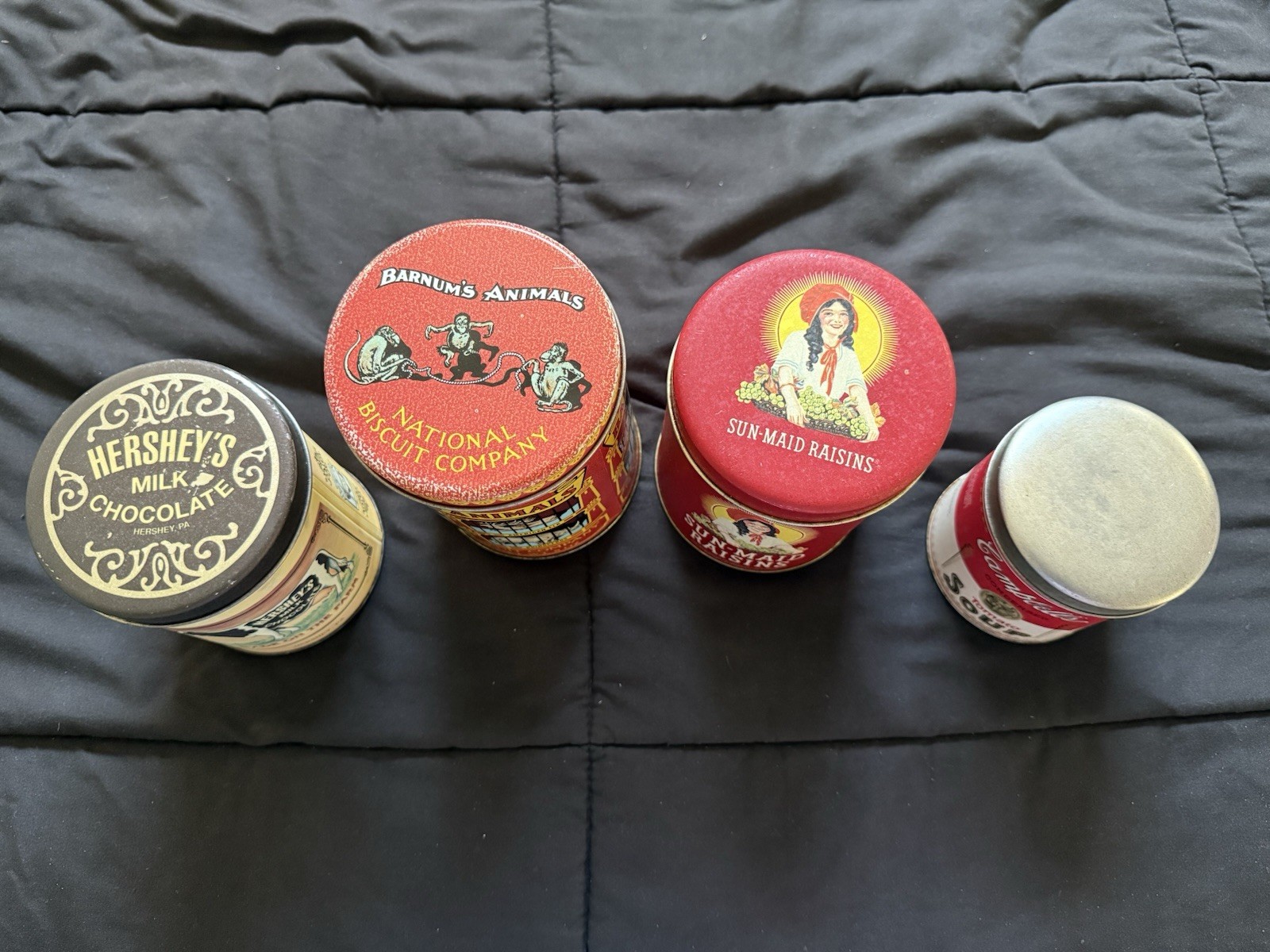 Vintage 80s And 90s Tins Hersey, Cambells, Barnums Animals And Sun maid Raisins
