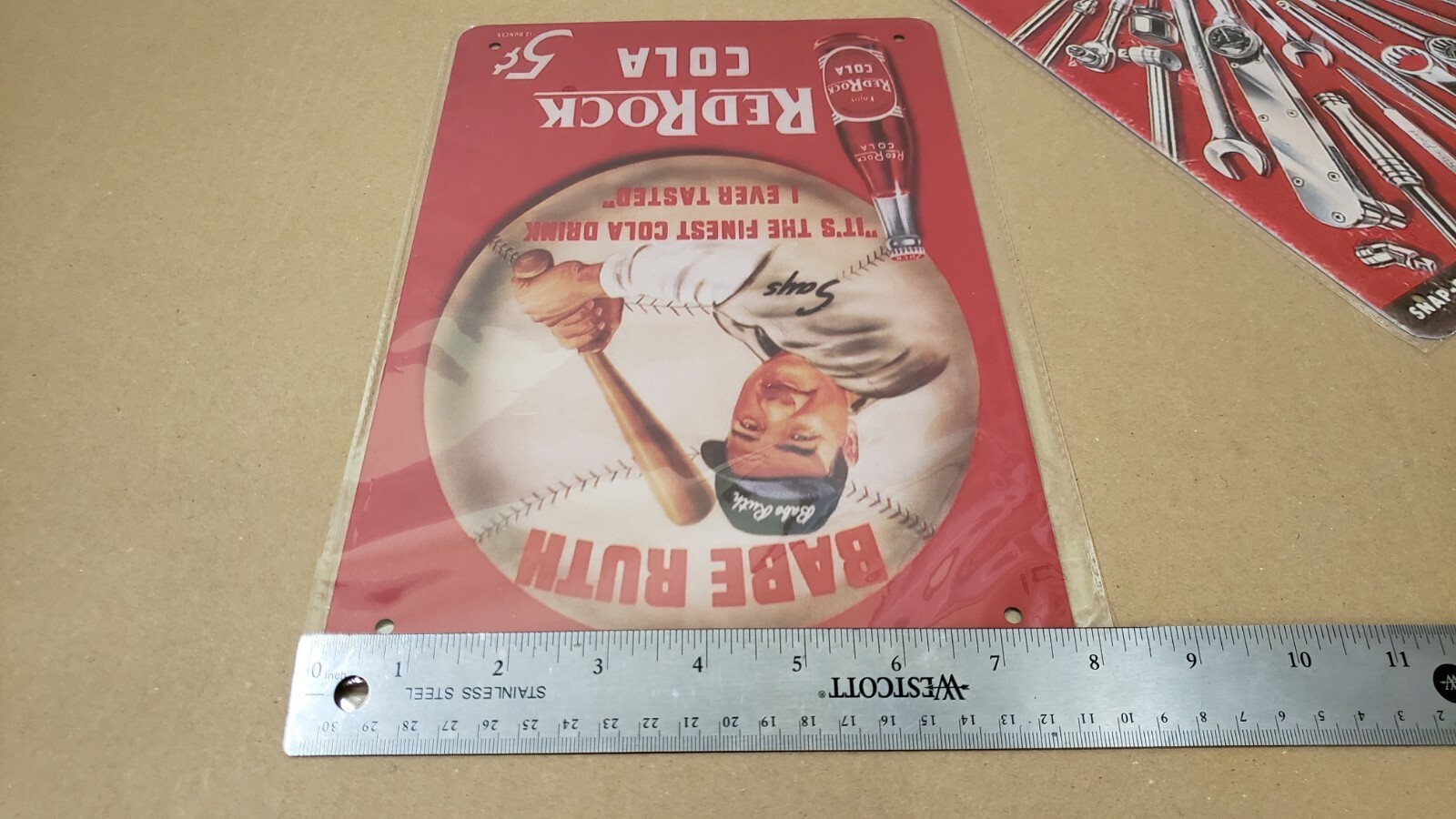 METAL TIN NIP NEW LOT X2 SIGNS BABE RUTH RED ROCK COLA & SNAP ON TOOLS MAN CAVE