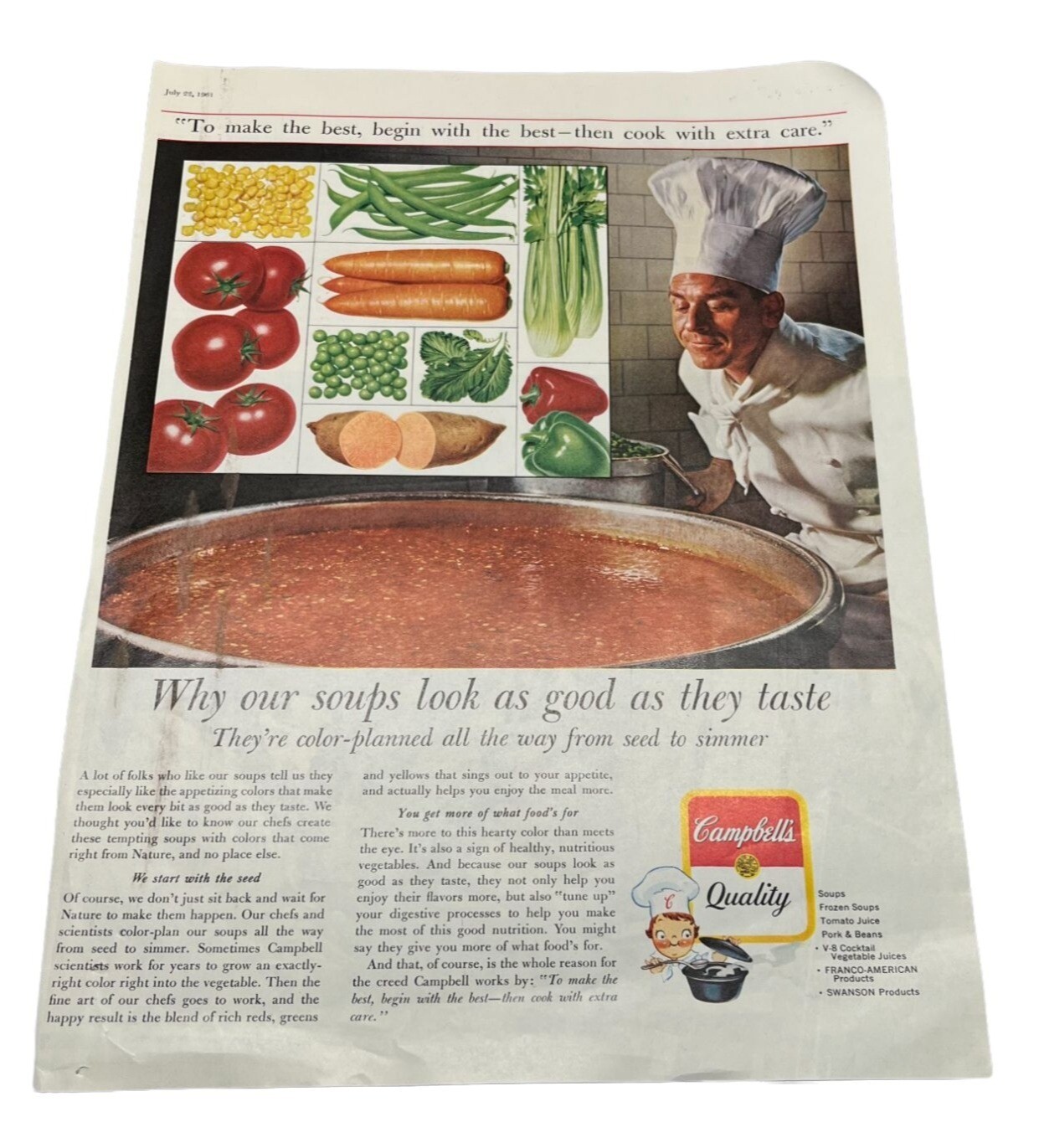 Campbells Quality Soup Vintage Print Ad 1960s Cooking Vegetables Color Planned
